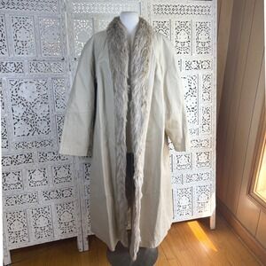 Vtg Beige Leather Old Money Trench Coat Womens 1X Mob Wife Faux Fur Luxury